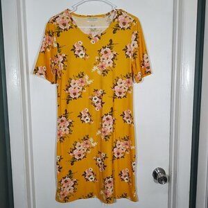Bobbie Brooks Women's M T-shirt Dress Gold Coral Flowers Stretch Casual